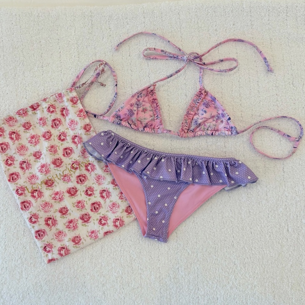 LoveShackFancy Pink and Purple Kids Bikini Set